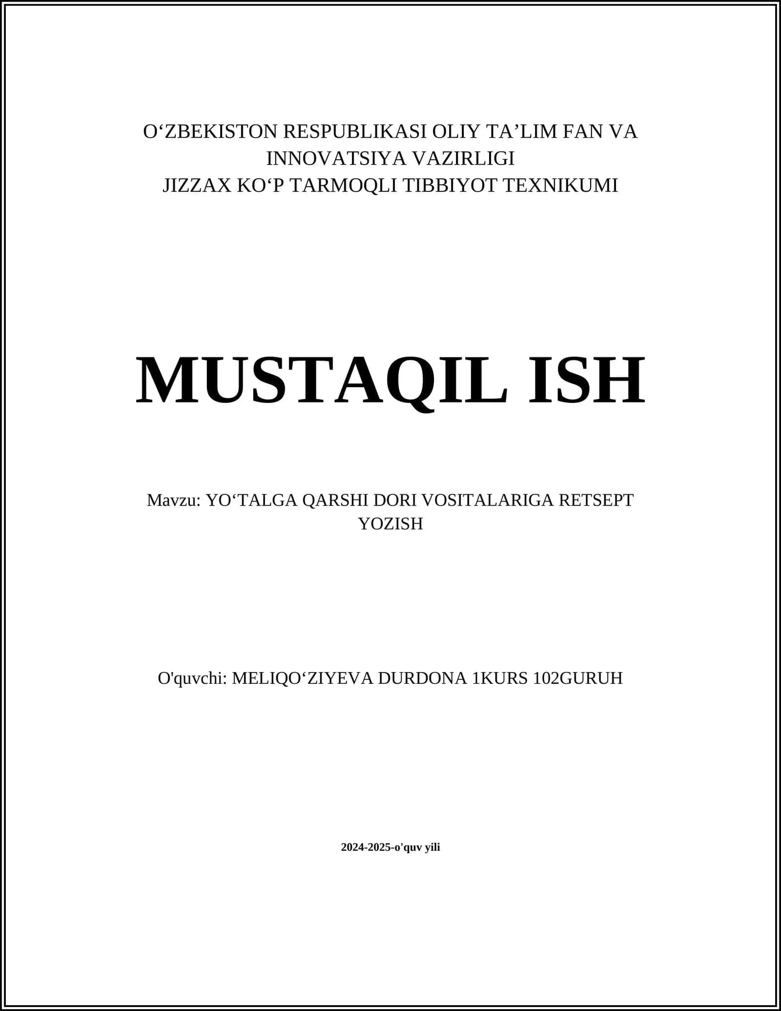 YOʻTALGA QARSHI DORI VOSITALARIGA RETSEPT YOZISH