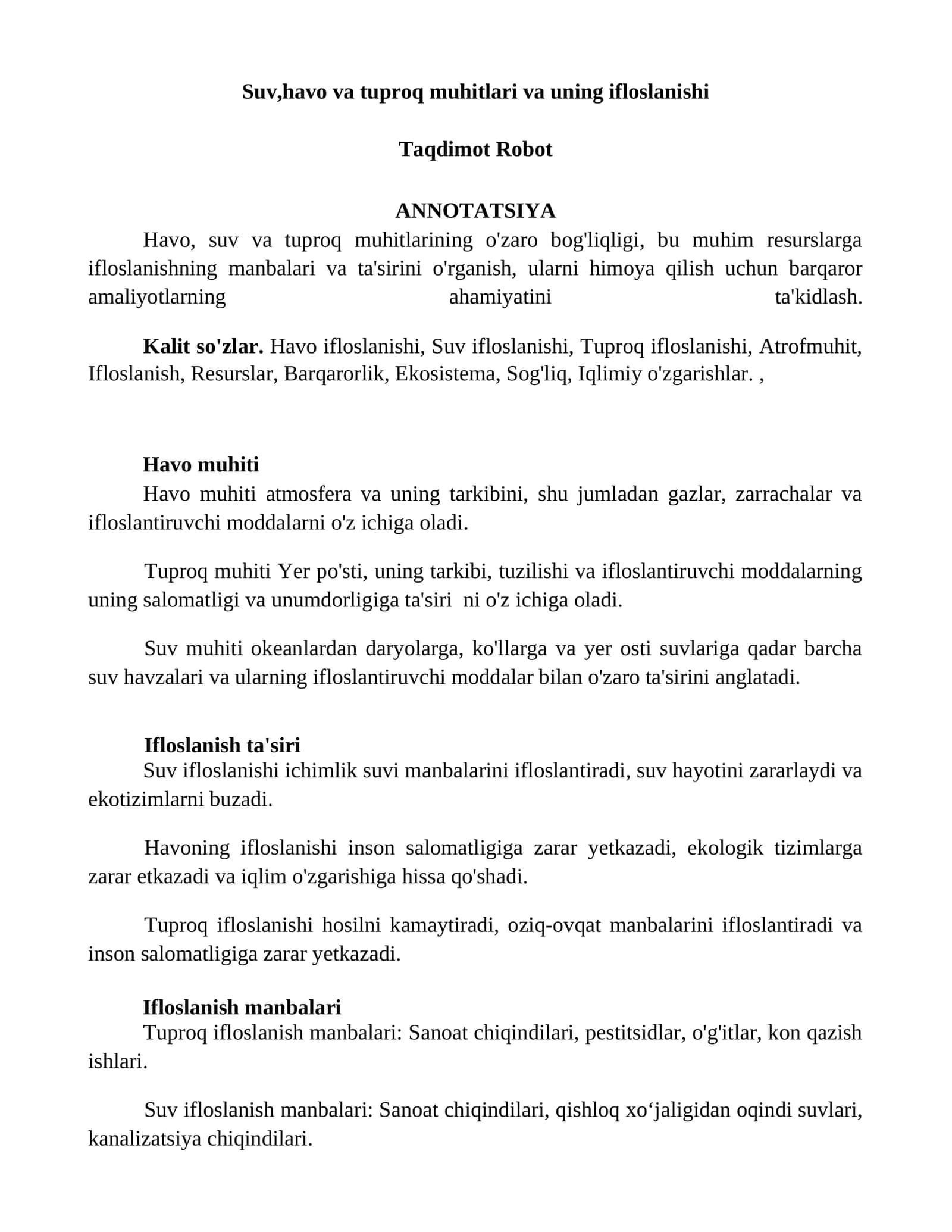 Havo, suv va tuproq muhitlari va uning ifloslanishi