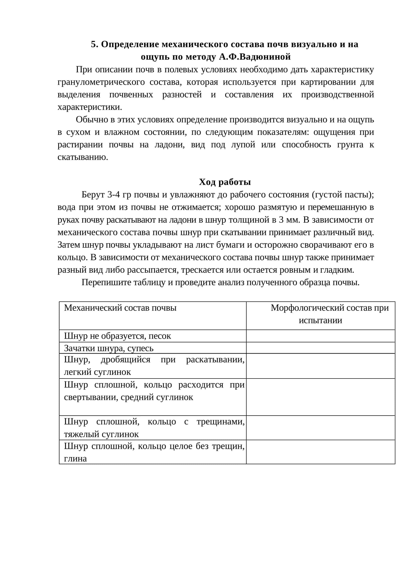 Определение механического состава почв визуально и на ощупь по методу А.Ф.Вадюниной