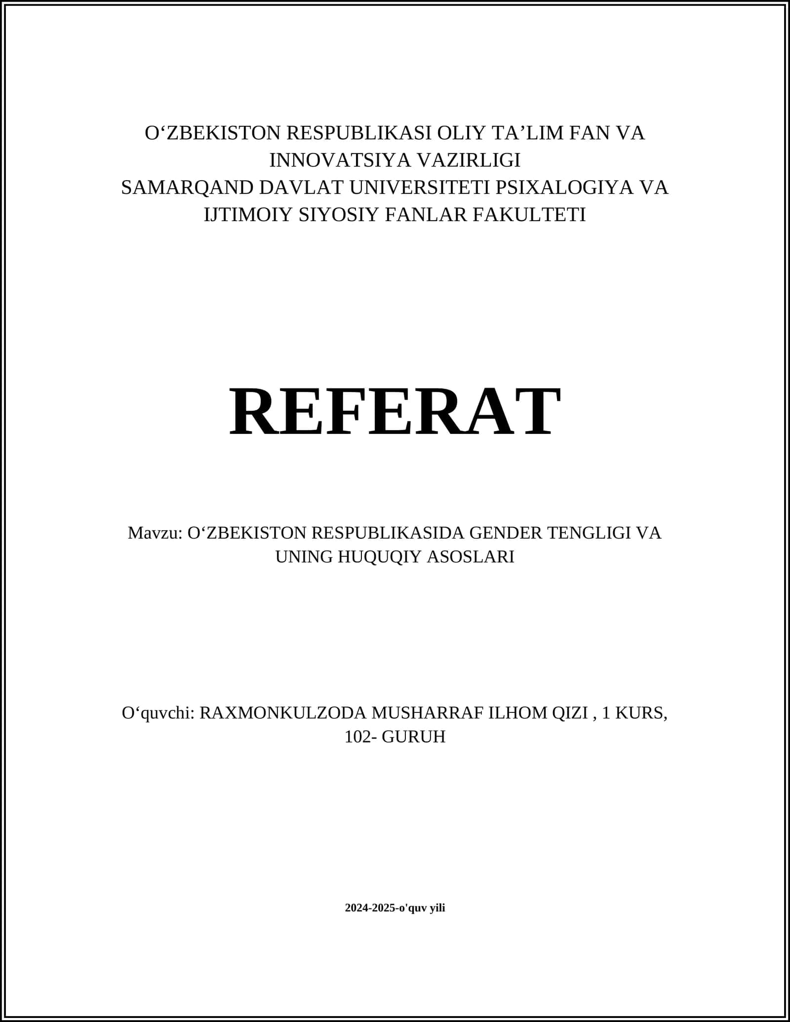 OʻZBEKISTON RESPUBLIKASIDA GENDER TENGLIGI VA UNING HUQUQIY ASOSLARI