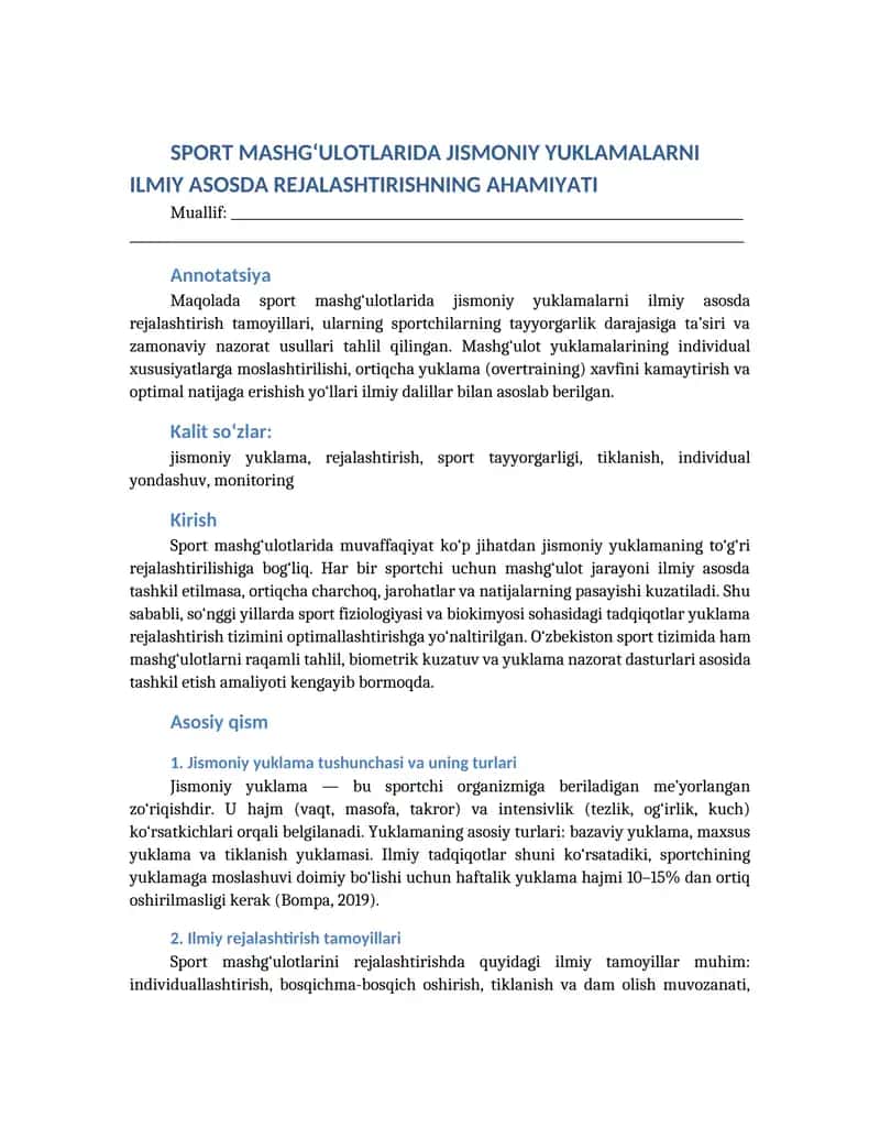 SPORT MASHG‘ULOTLARIDA JISMONIY YUKLAMALARNI ILMIY ASOSDA REJALASHTIRISHNING AHAMIYATI