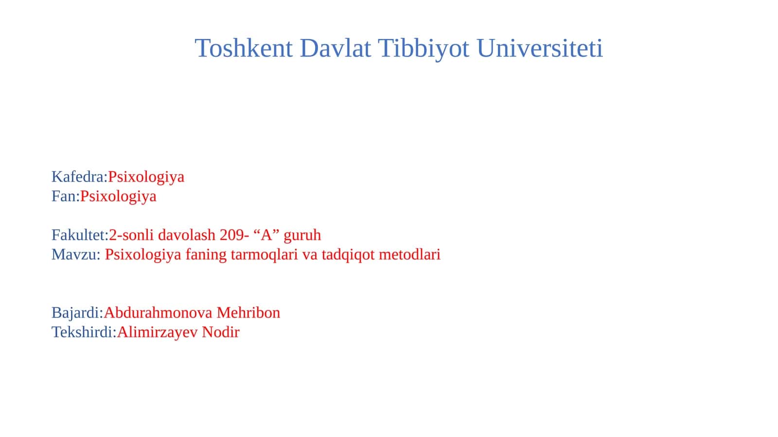 Psixologiya fanining tarmoqlari va tadqiqot metodlari