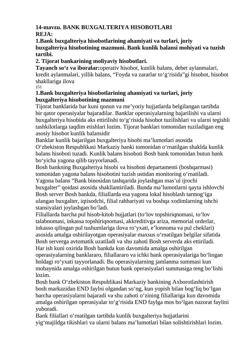 BANK BUXGALTERIYA HISOBOTLARI