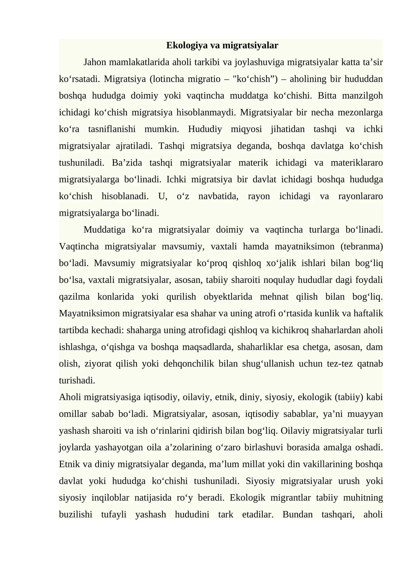 Ekologiya va migratsiyalar
