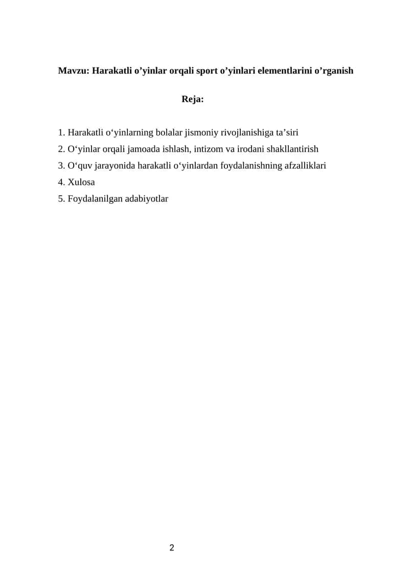 Harakatli oʻyinlar orqali sport oʻyinlari elementlarini oʻrgatish
