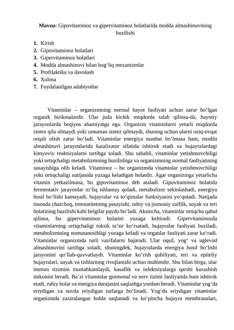 Gipovitaminoz va gipervitaminoz holatlarida modda almashinuvining buzilishi