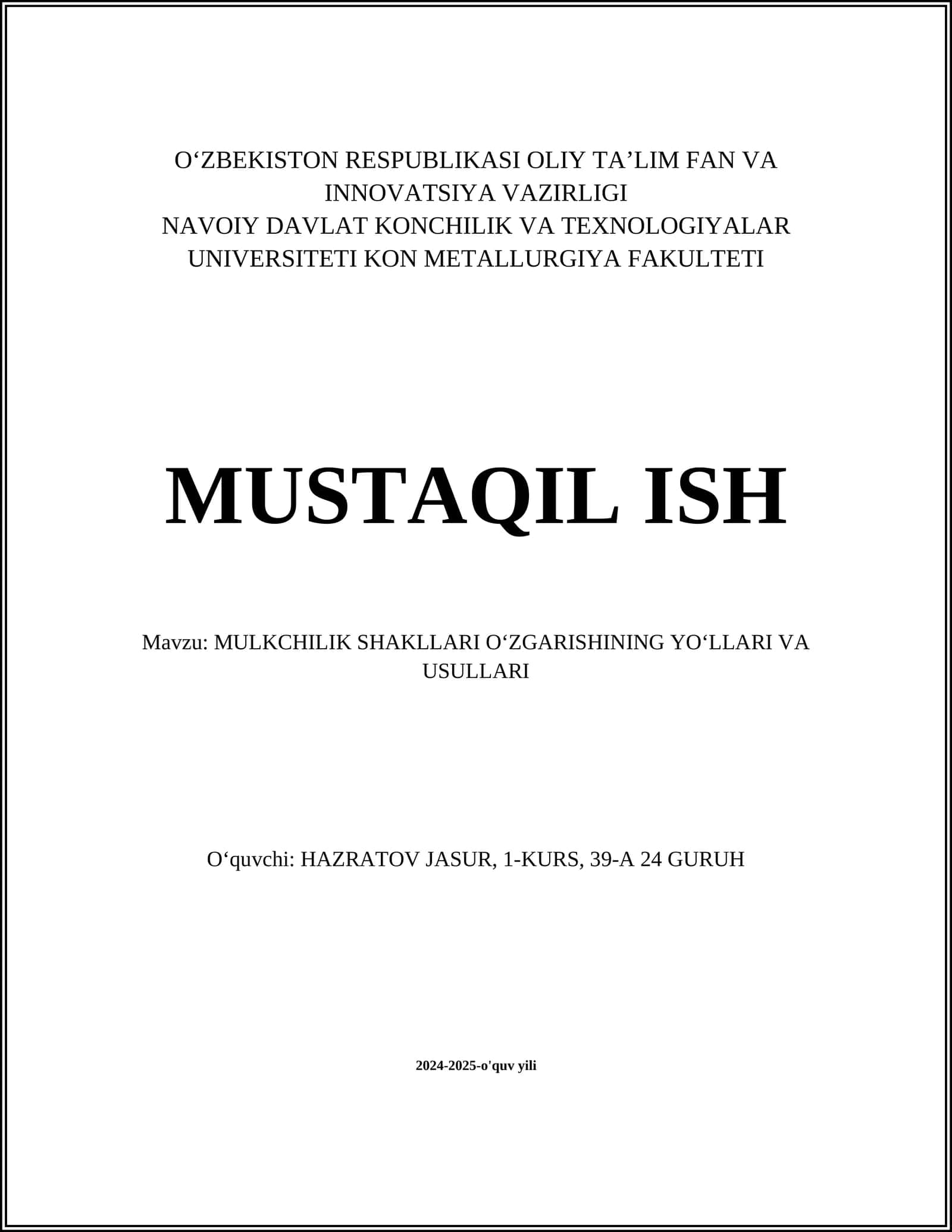 MULKCHILIK SHAKLLARI OʻZGARISHINING YOʻLLARI VA USULLARI