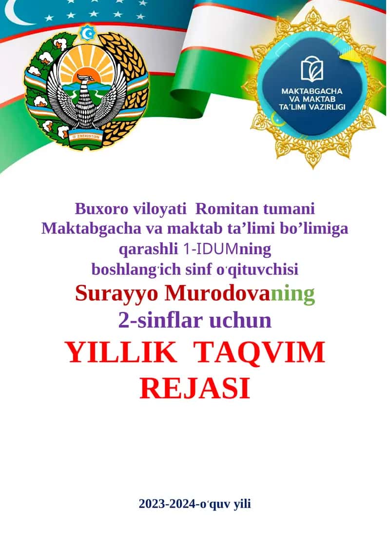 2-sinflar uchun YILLIK TAQVIM REJASI