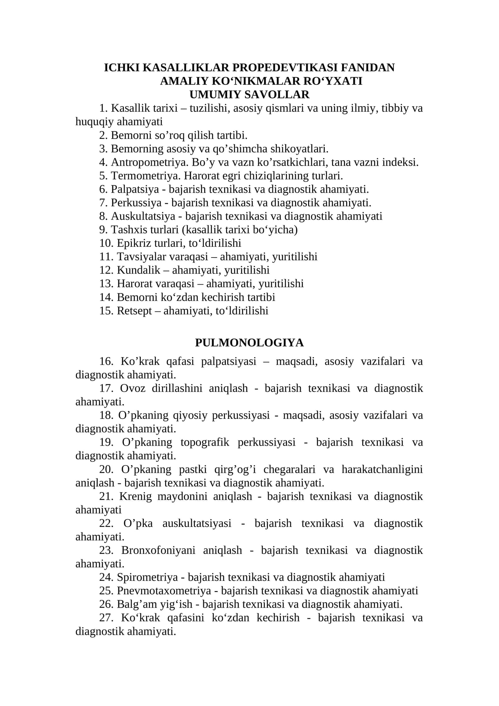 ICHKI KASALLIKLAR PROPEDEVTIKASI FANIDAN AMALIY KO‘NIKMALAR RO‘YXATI