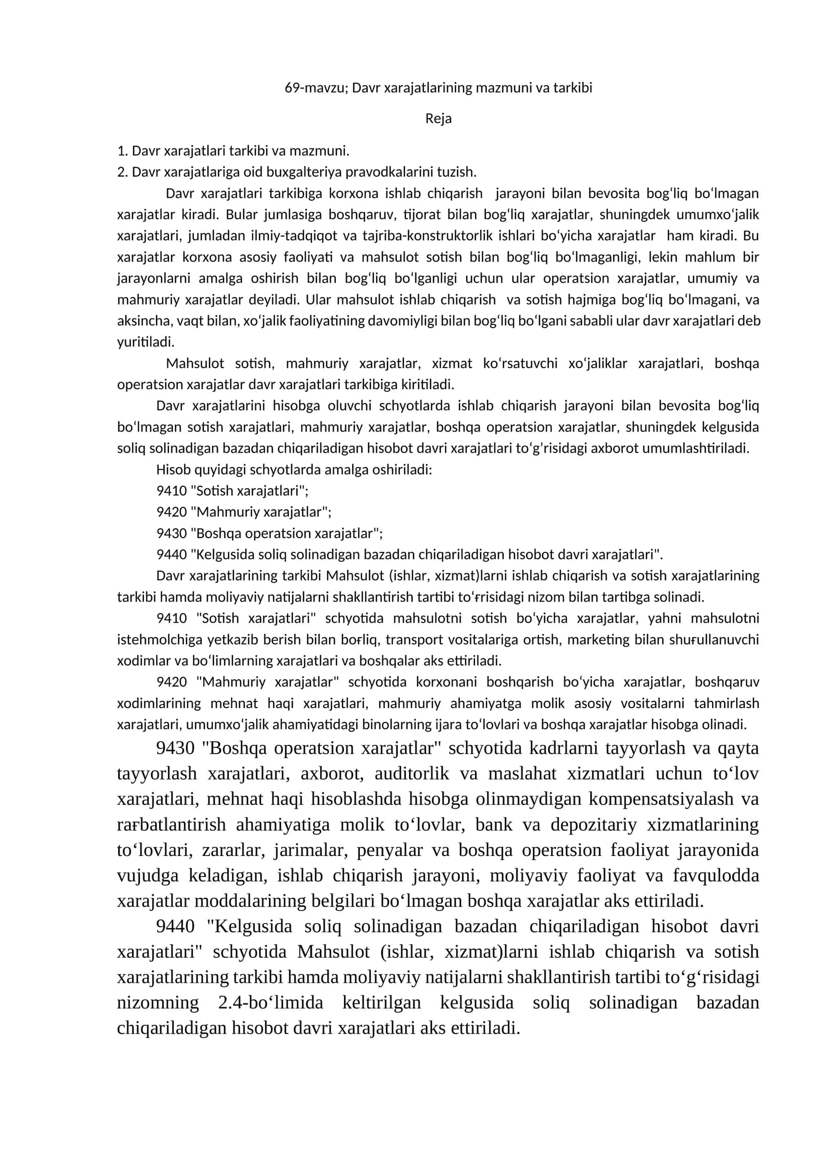 Davr xarajatlarining mazmuni va tarkibi