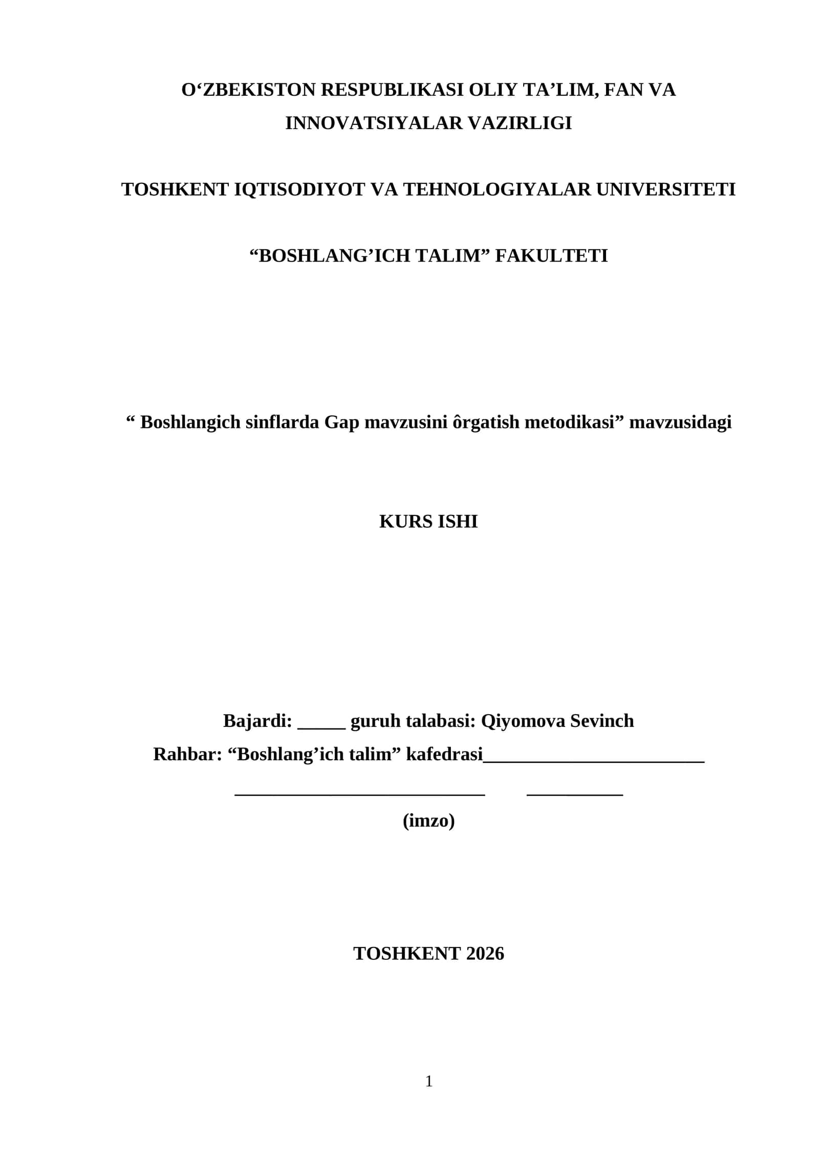 Boshlangich sinflarda Gap mavzusini ôrgatish metodikasi