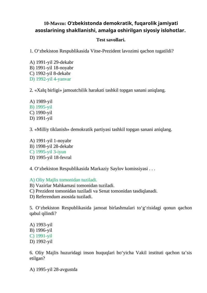 "O‘zbekistonda demokratik, fuqarolik jamiyati asoslarining shakllanishi" test savollari