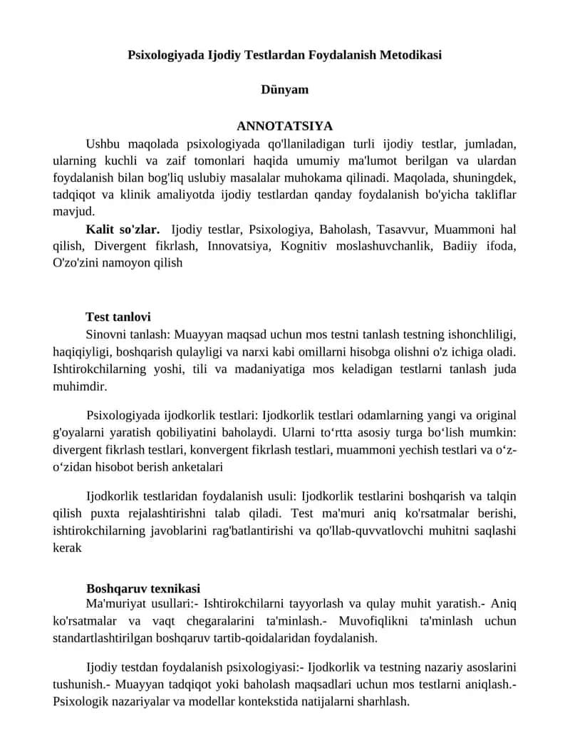 Psixologiyada Ijodiy Testlardan Foydalanish Metodikasi