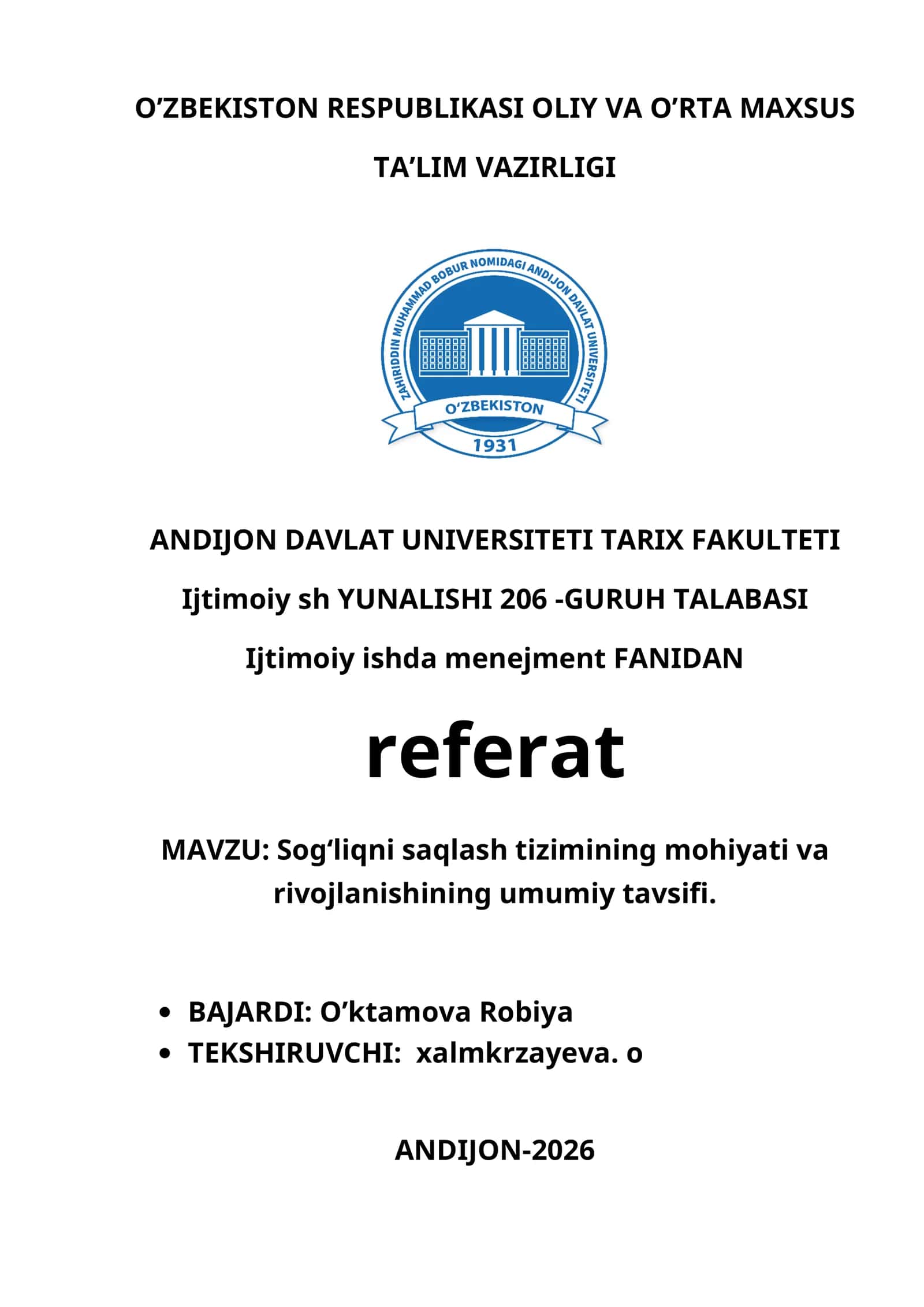 Sog‘liqni saqlash tizimining mohiyati va rivojlanishining umumiy tavsifi