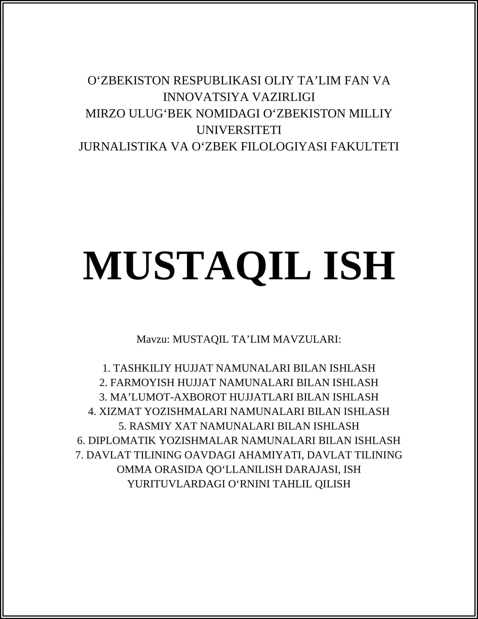 MUSTAQIL TA’LIM MAVZULARI