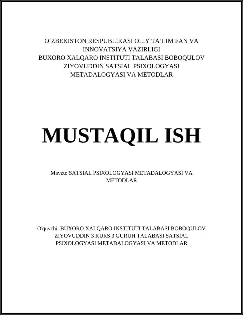 SATSIAL PSIXOLOGYASI METADALOGYASI VA METODLAR