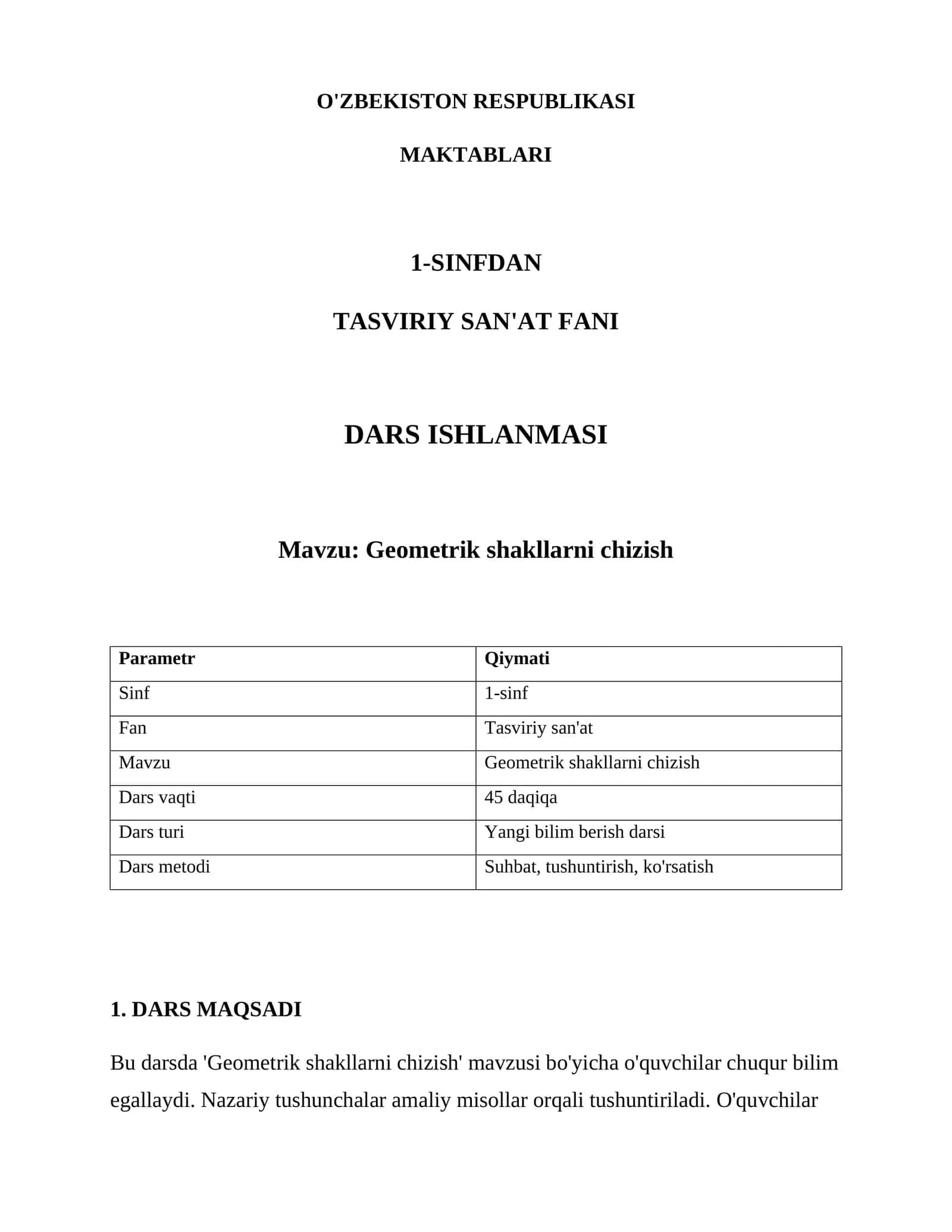TASVIRIY SAN'AT FANI DARS ISHLANMASI