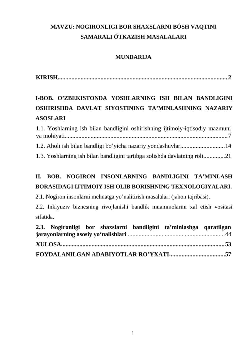 NOGIRONLIGI BOR SHAXSLARNI BÔSH VAQTINI SAMARALI ŐTKAZISH MASALALARI