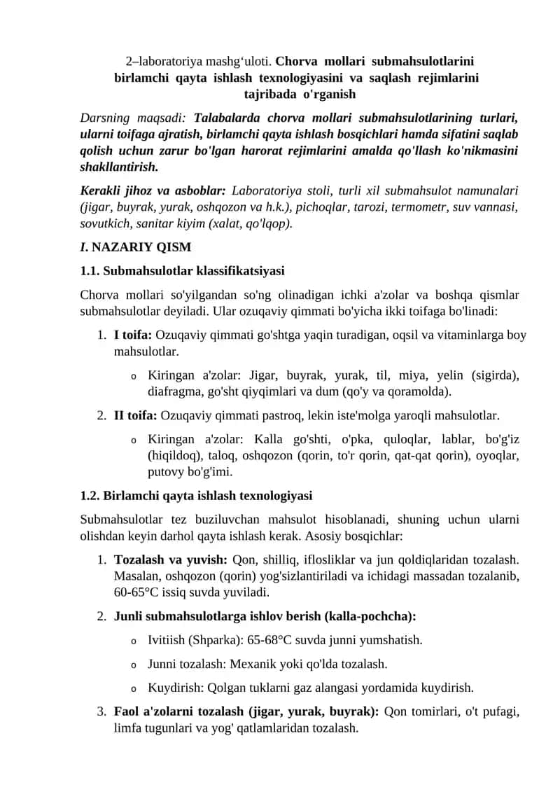 Chorva mollari submahsulotlari tahlili