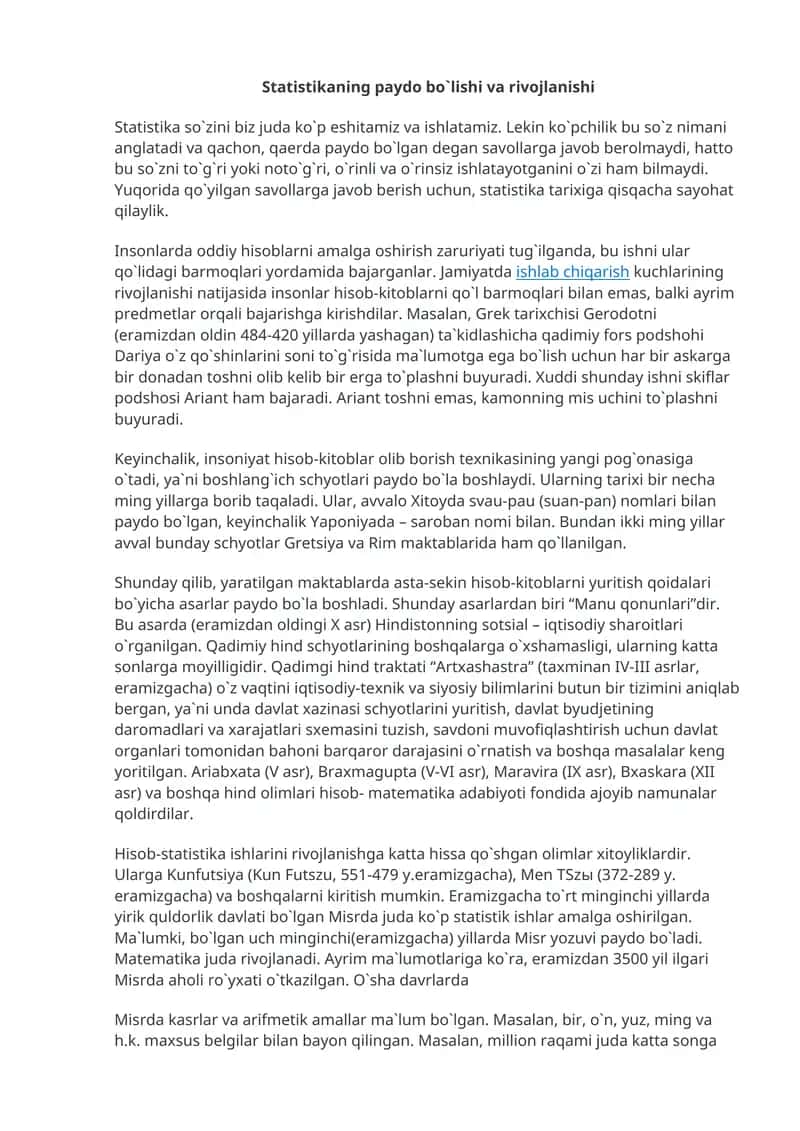 Statistikaning paydo bo`lishi va rivojlanishi
