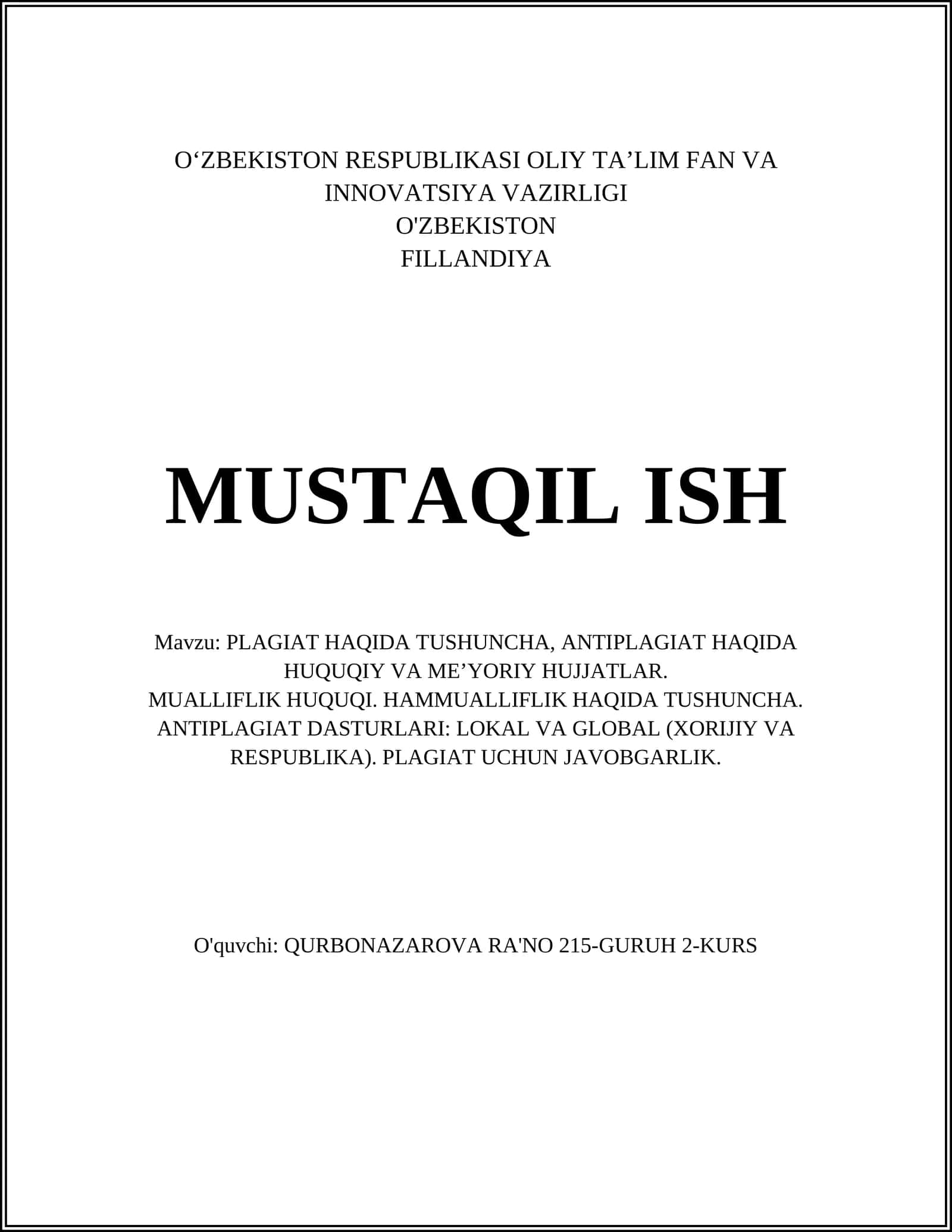 PLAGIAT HAQIDA TUSHUNCHA VA ANTIPLAGIAT DASTURLARI