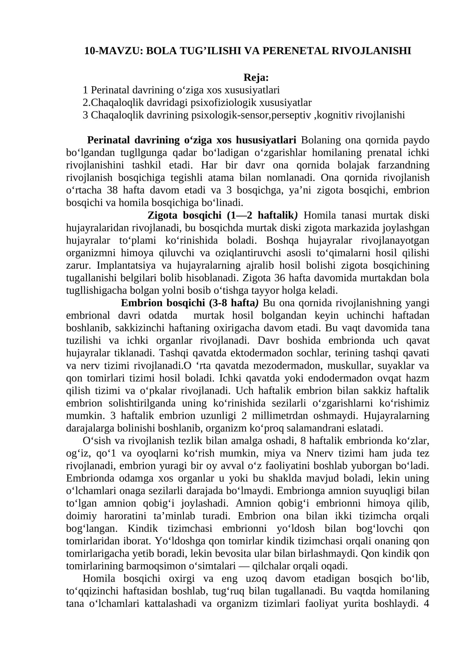 BOLA TUG’ILISHI VA PERENETAL RIVOJLANISHI