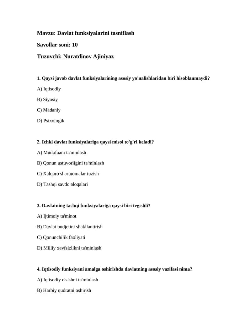 Davlat funksiyalarini tasniflash