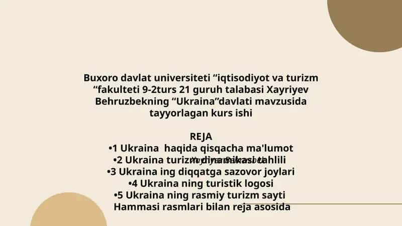 Xayriyev Behruzbekning “Ukraina”davlati mavzusida tayyorlagan kurs ishi