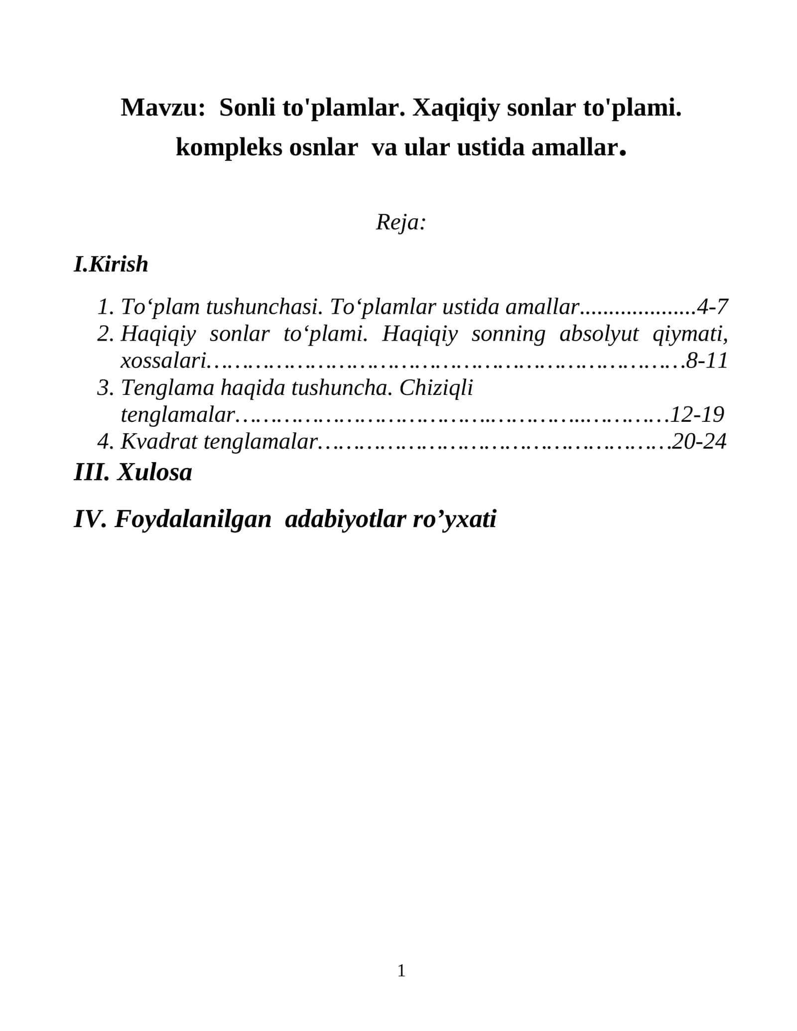 Sonli to'plamlar. Xaqiqiy sonlar to'plami. kompleks osnlar va ular ustida amallar2