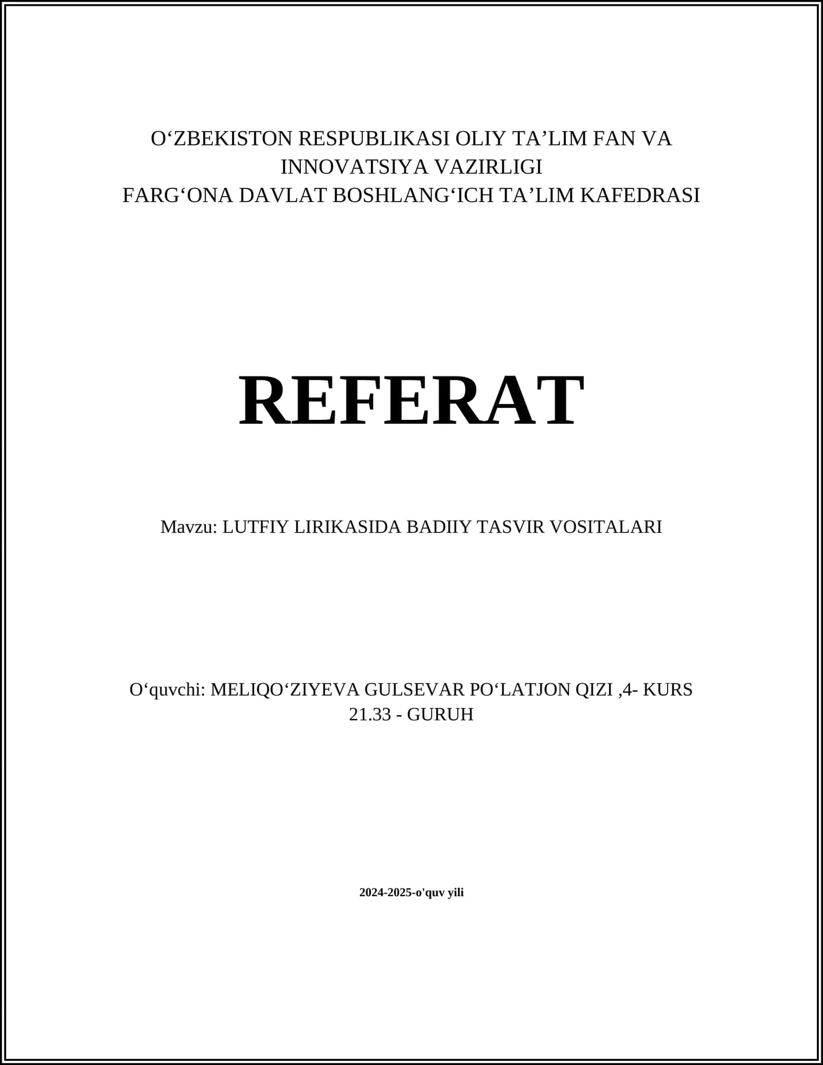 LUTFIY LIRIKASIDA BADIIY TASVIR VOSITALARI