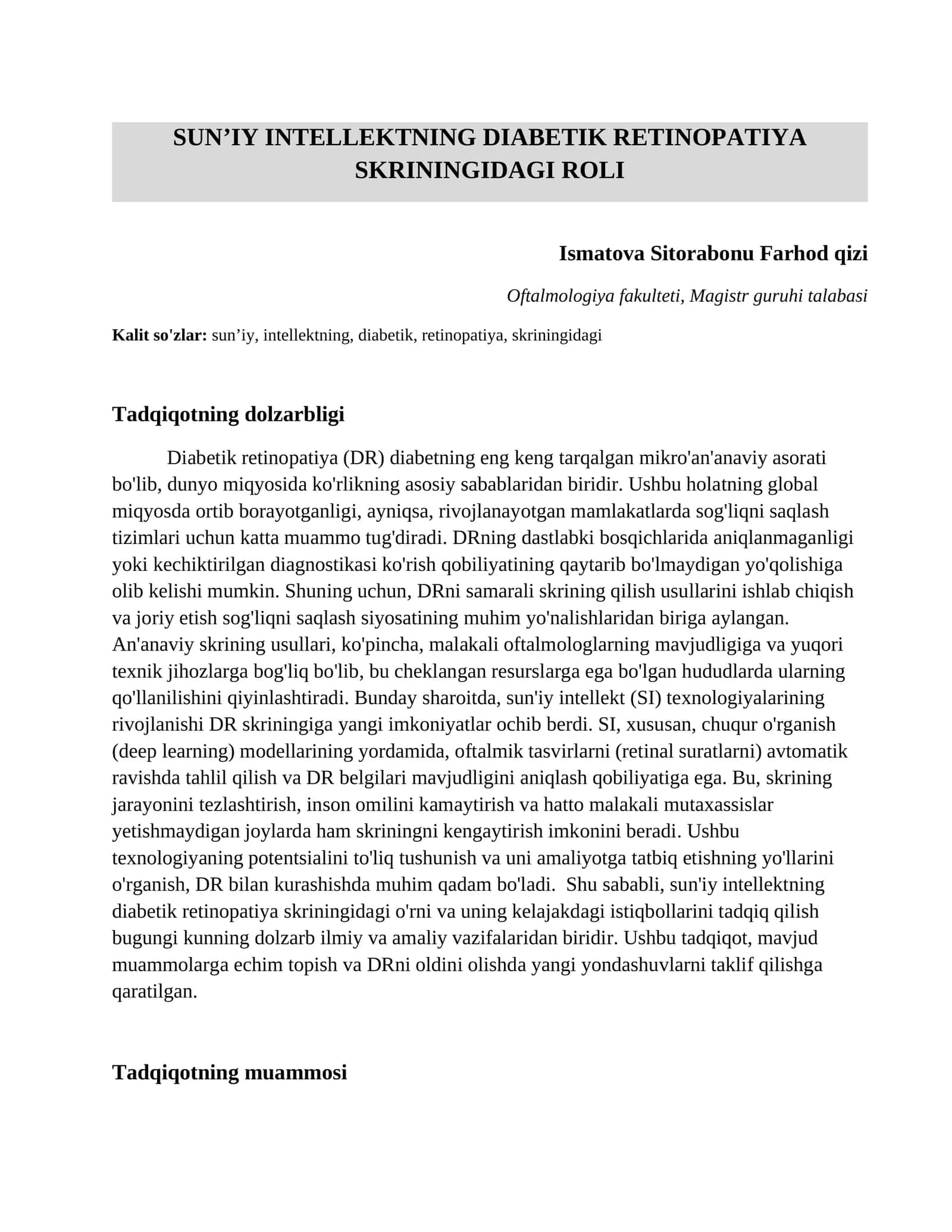 Sun’iy intellektning diabetik retinopatiya skriningidagi roli