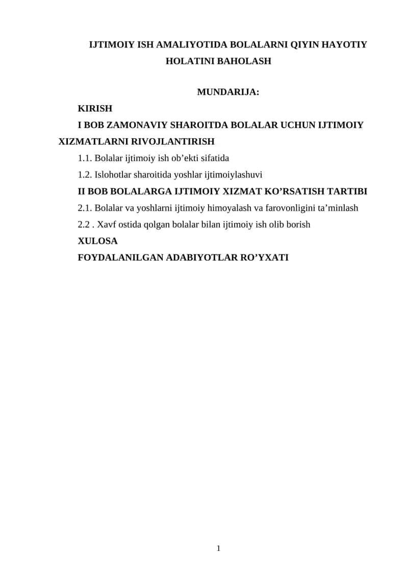 IJTIMOIY ISH AMALIYOTIDA BOLALARNI QIYIN HAYOTIY HOLATINI BAHOLASH