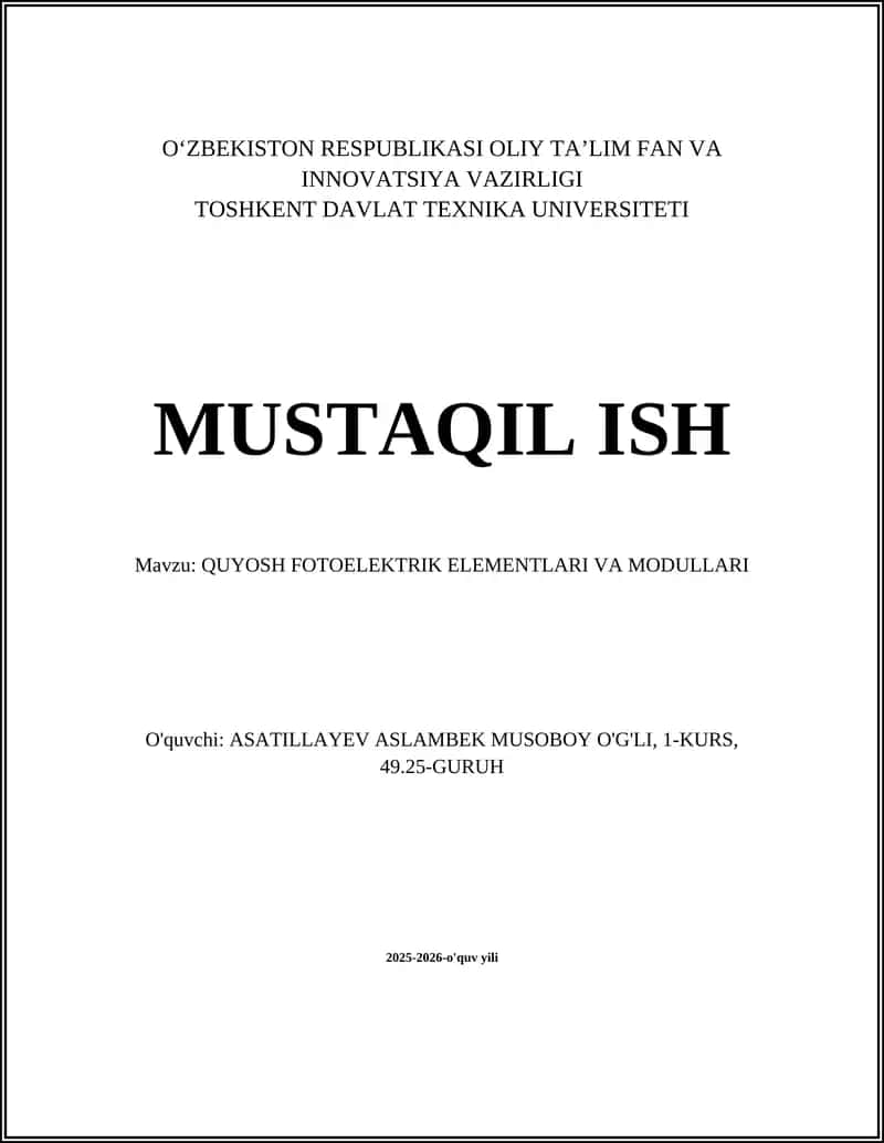 QUYOSH FOTOELEKTRIK ELEMENTLARI VA MODULLARI