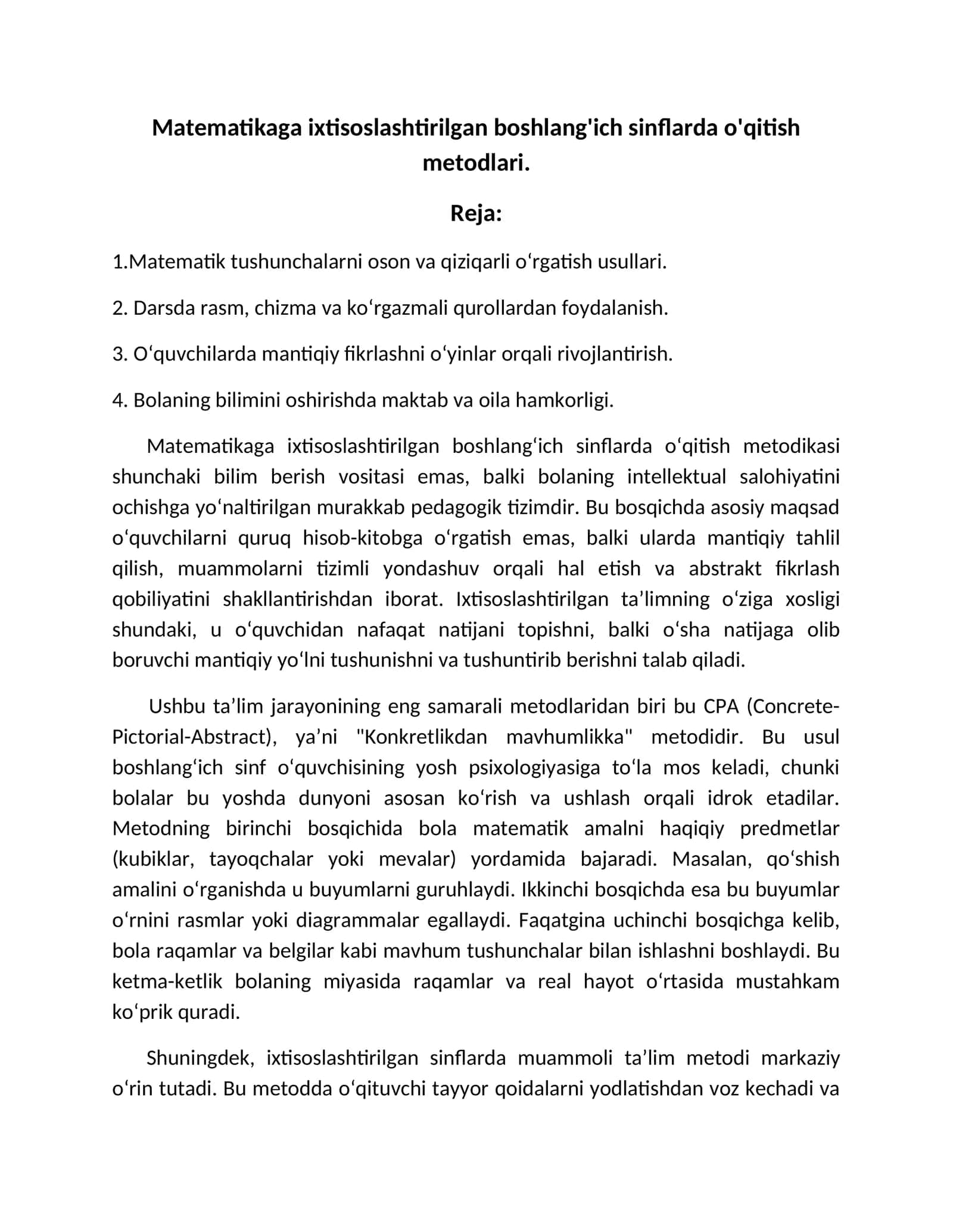 Matematikaga ixtisoslashtirilgan boshlang'ich sinflarda o'qitish metodlari