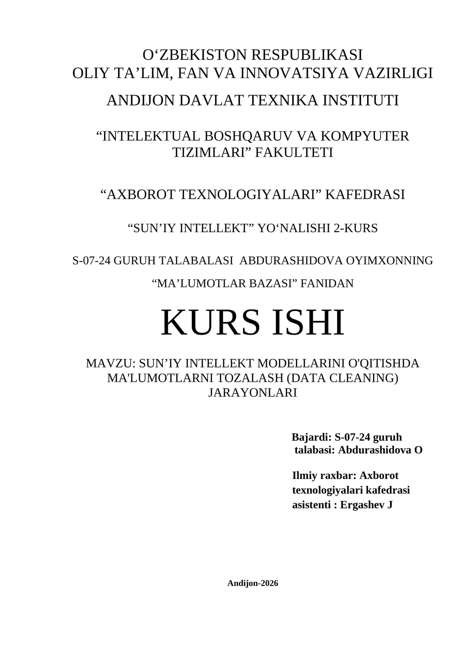 SUN’IY INTELLEKT MODELLARINI O'QITISHDA MA'LUMOTLARNI TOZALASH (DATA CLEANING) JARAYONLARI