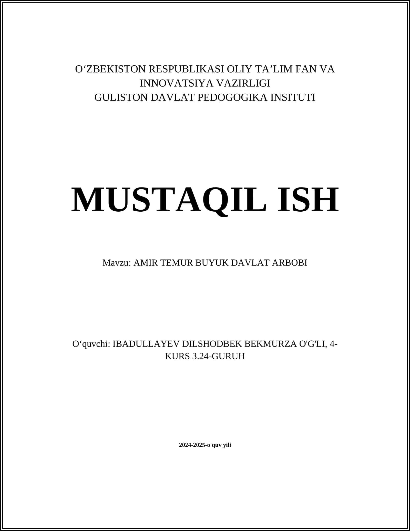 AMIR TEMUR BUYUK DAVLAT ARBOBI