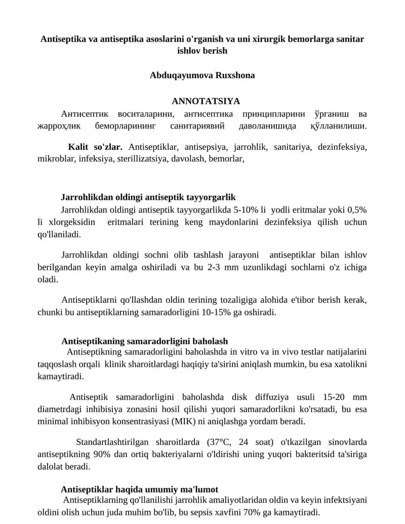 Антисептика ва антисептика асосларини ўрганиш ва уни хирургик беморларга санитар ишлов бериш