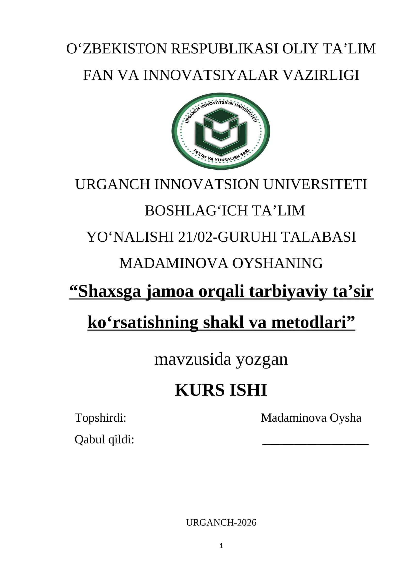 Shaxsga jamoa orqali tarbiyaviy ta’sir ko‘rsatishning shakl va metodlari