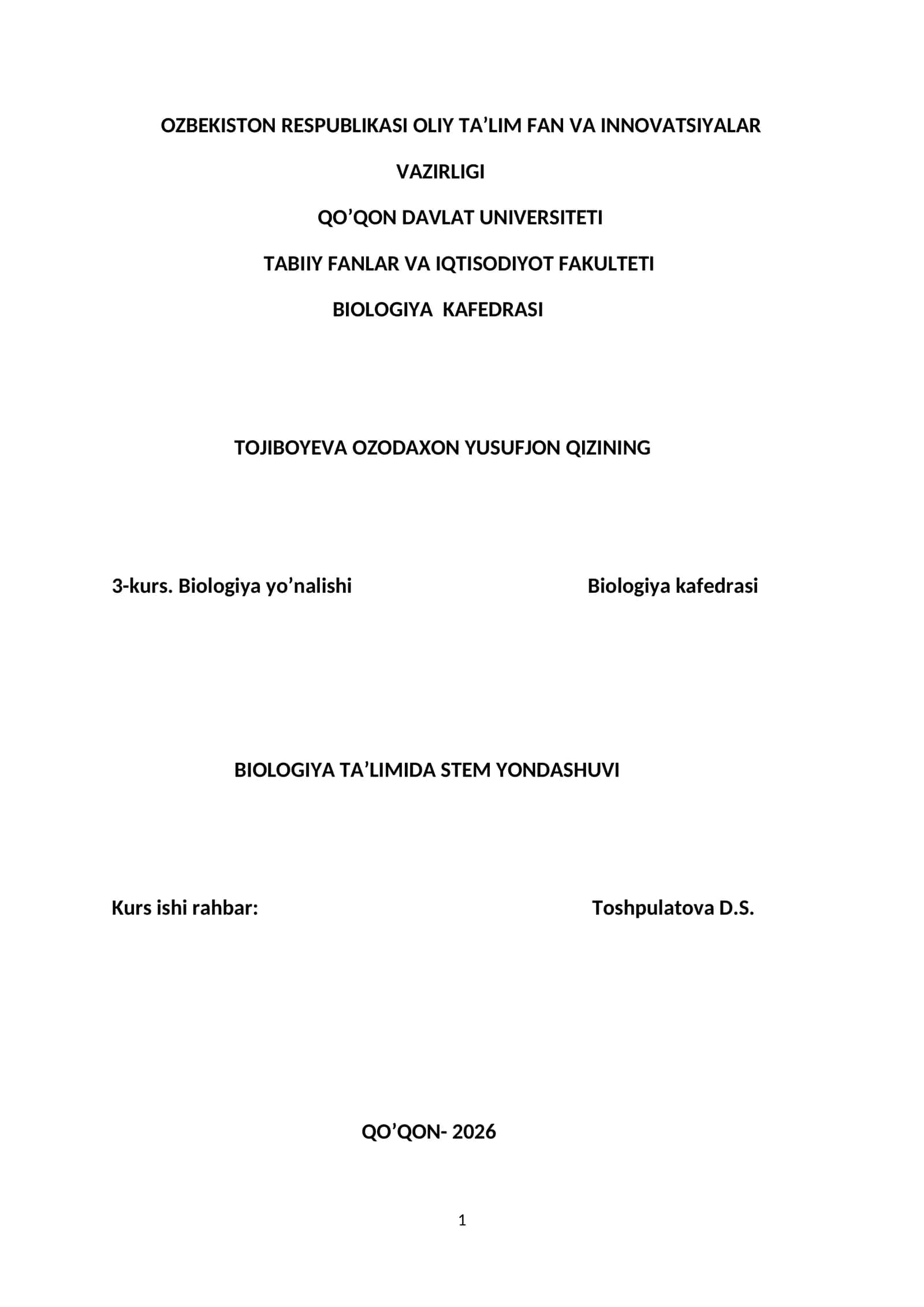 BIOLOGIYA TA’LIMIDA STEM YONDASHUVI