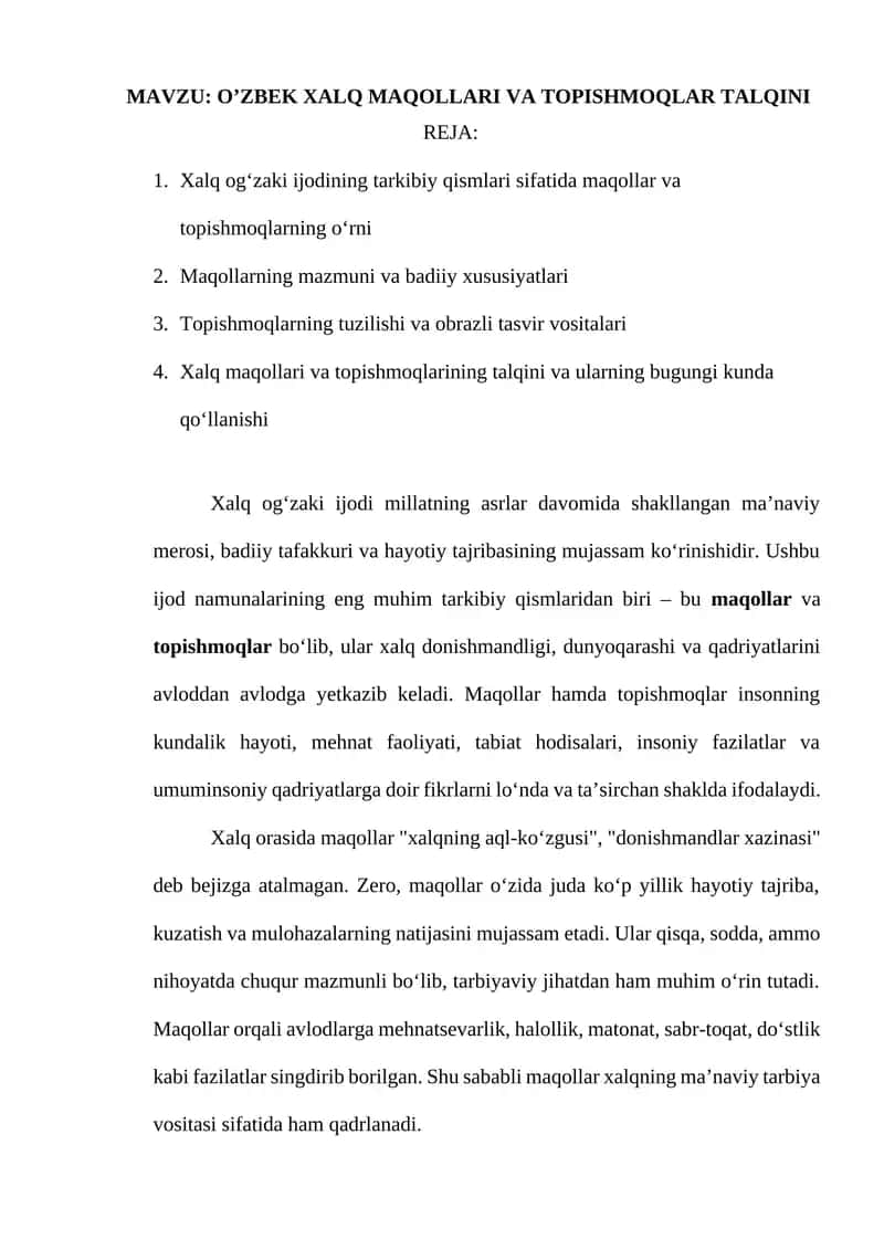 O’zbek xalq maqollari va topishmoqlar talqini