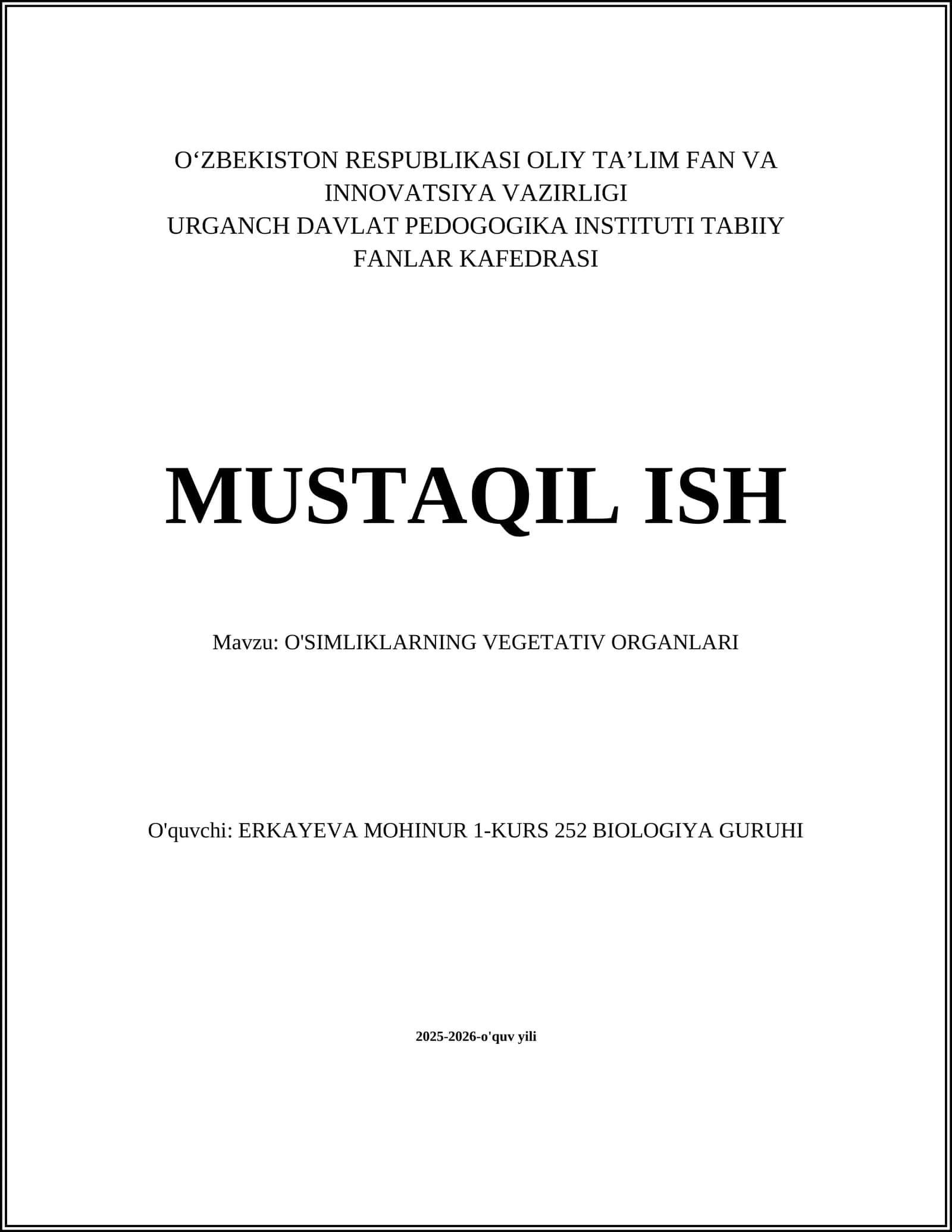 O'Simliklarning Vegetativ Organlari