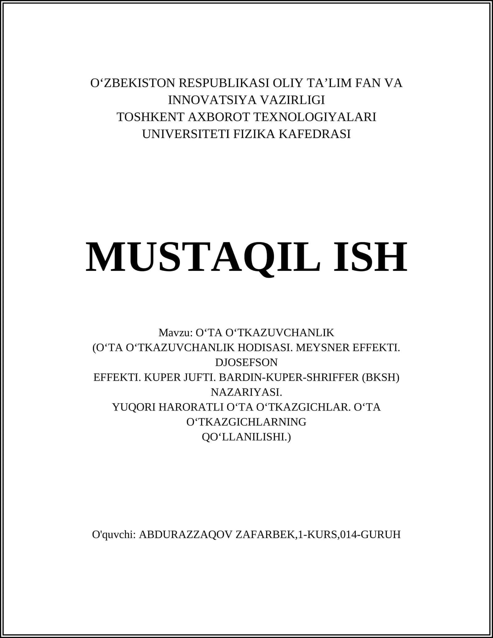 O‘ta o'tkazuvchanlik hodisasi
