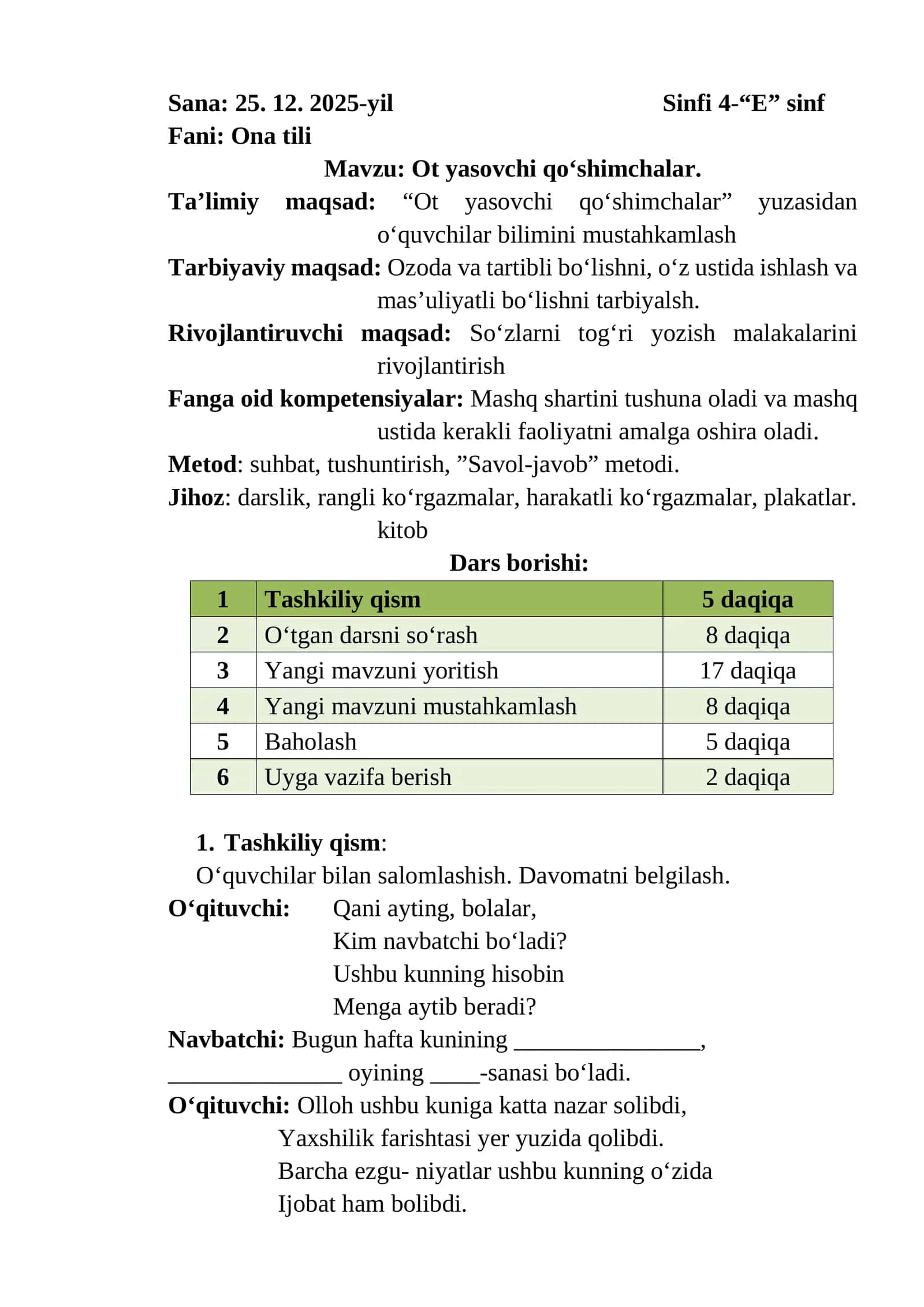 4-sinf Ona tili fanidan Ot yasovchi qo'shimchalar 2-chorak 85-89-mavzular dars ishlanmasi