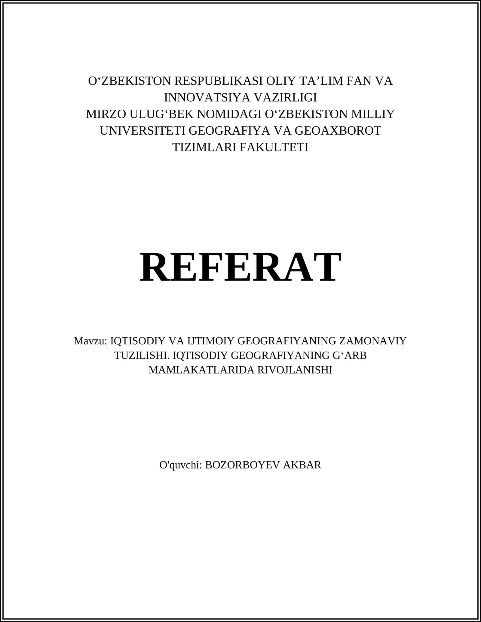 IQTISODIY VA IJTIMOIY GEOGRAFIYANING ZAMONAVIY TUZILISHI