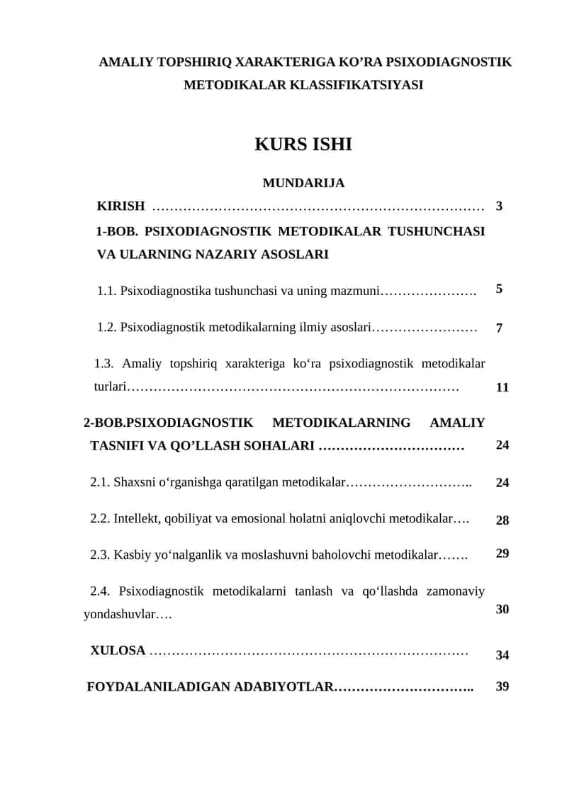 AMALIY TOPSHIRIQ XARAKTERIGA KO’RA PSIXODIAGNOSTIK METODIKALAR KLASSIFIKATSIYASI