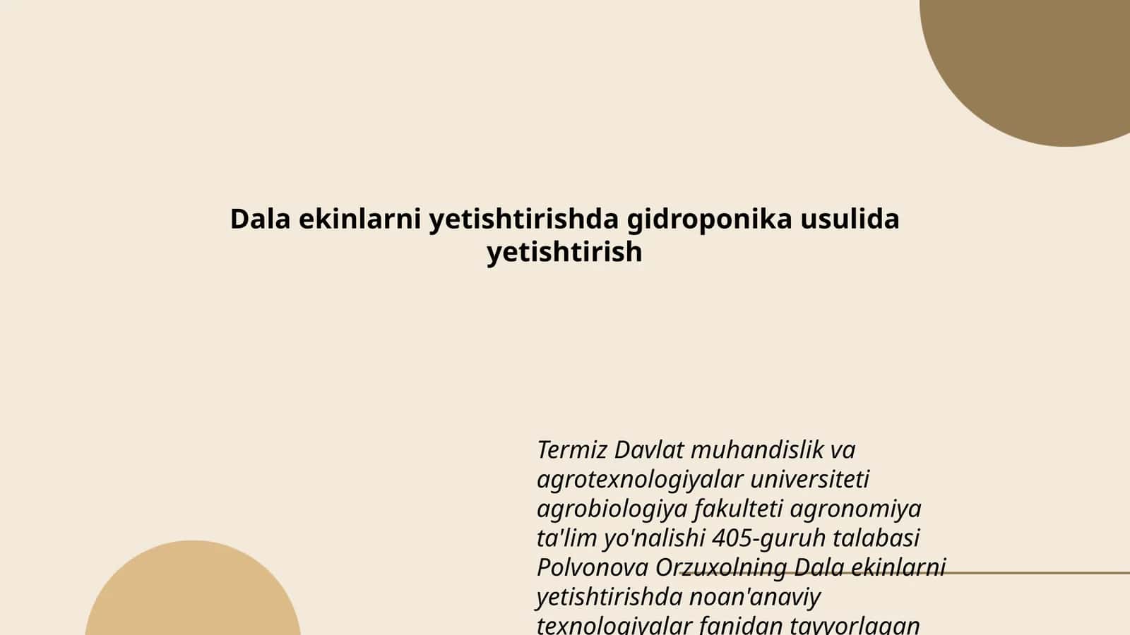 Dala ekinlarni yetishtirishda gidroponika usulida yetishtirish