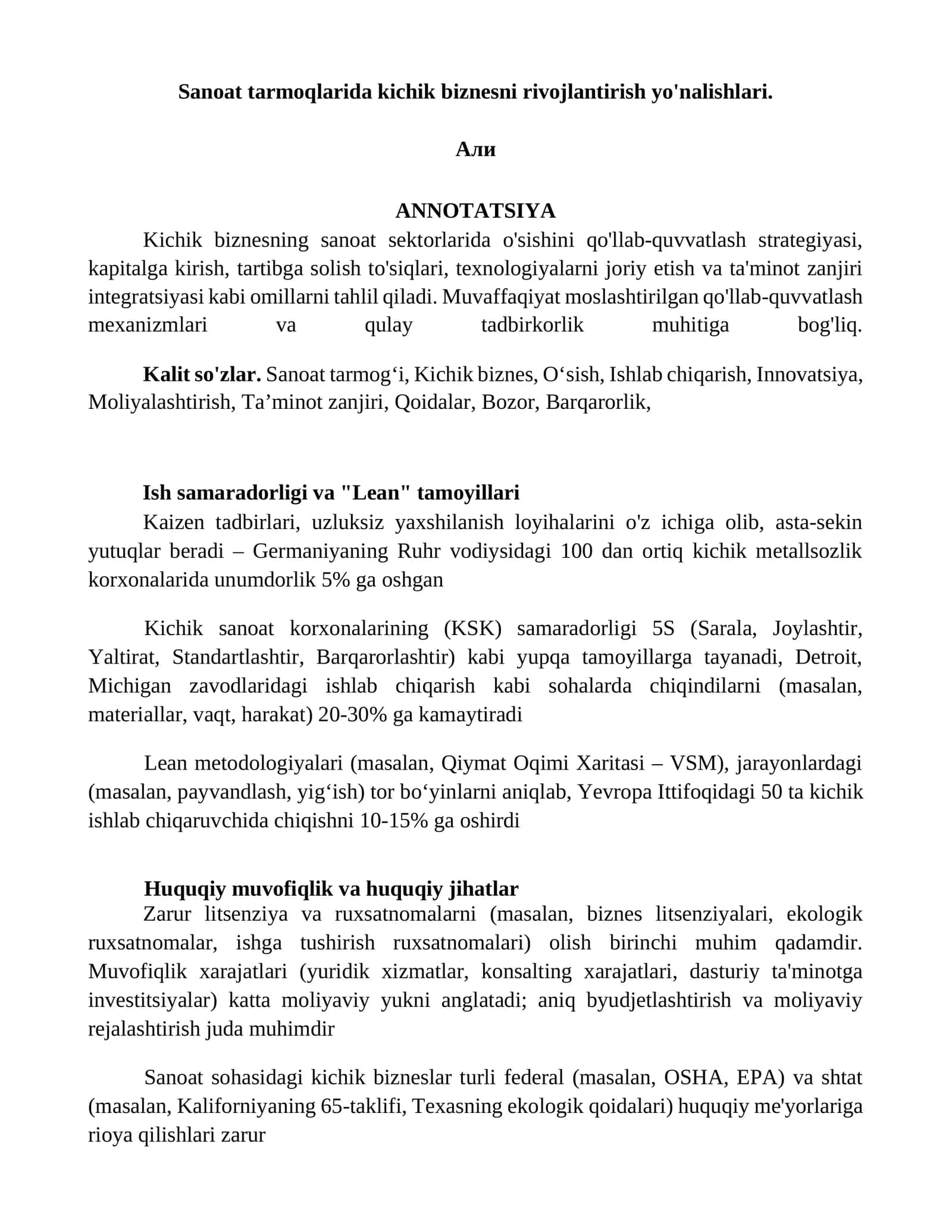 Sanoat tarmoqlarida kichik biznesni rivojlantirish yo'nalishlari