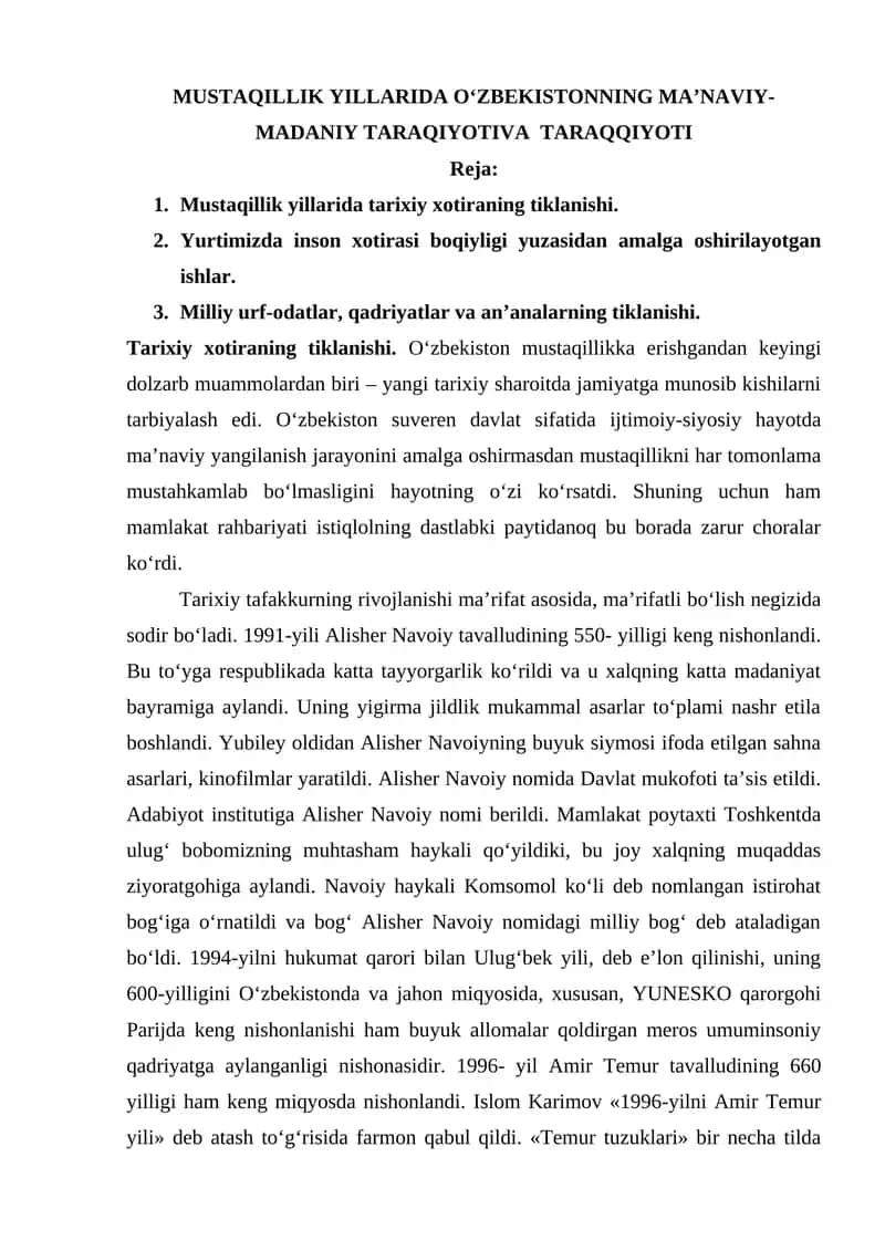 MUSTAQILLIK YILLARIDA O‘ZBEKISTONNING MA’NAVIY- MADANIY TARAQIYOTIVA TARAQQIYOTI