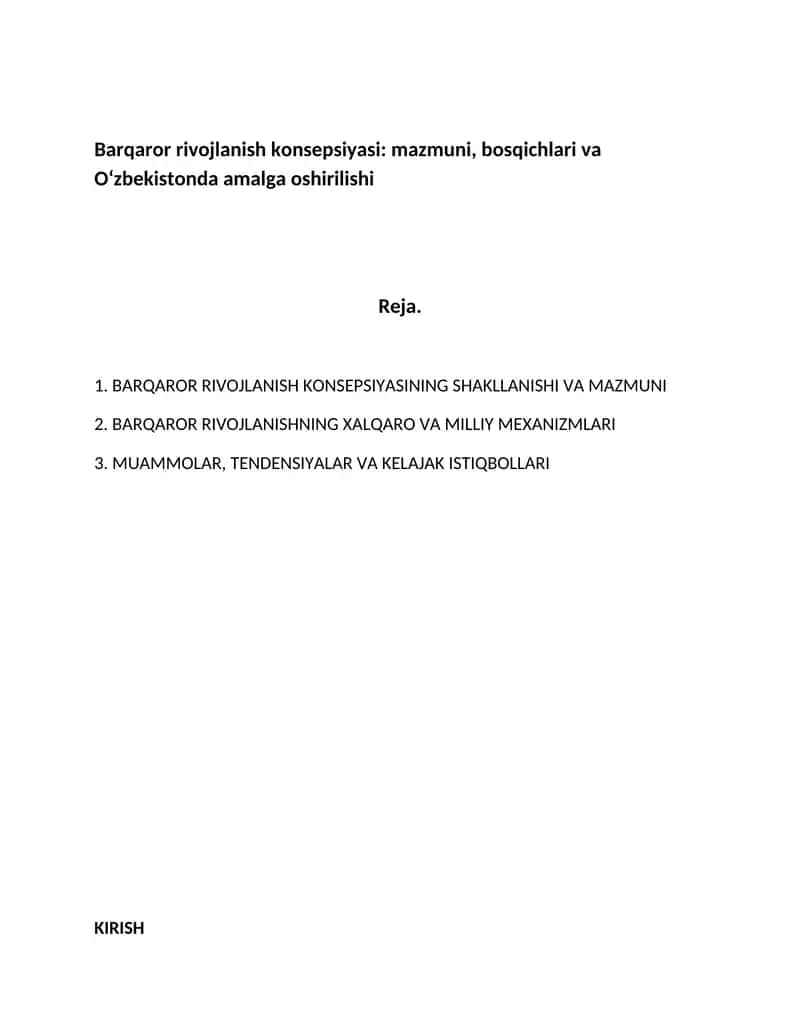 Barqaror rivojlanish konsepsiyasi: mazmuni, bosqichlari va Oʻzbekistonda amalga oshirilishi