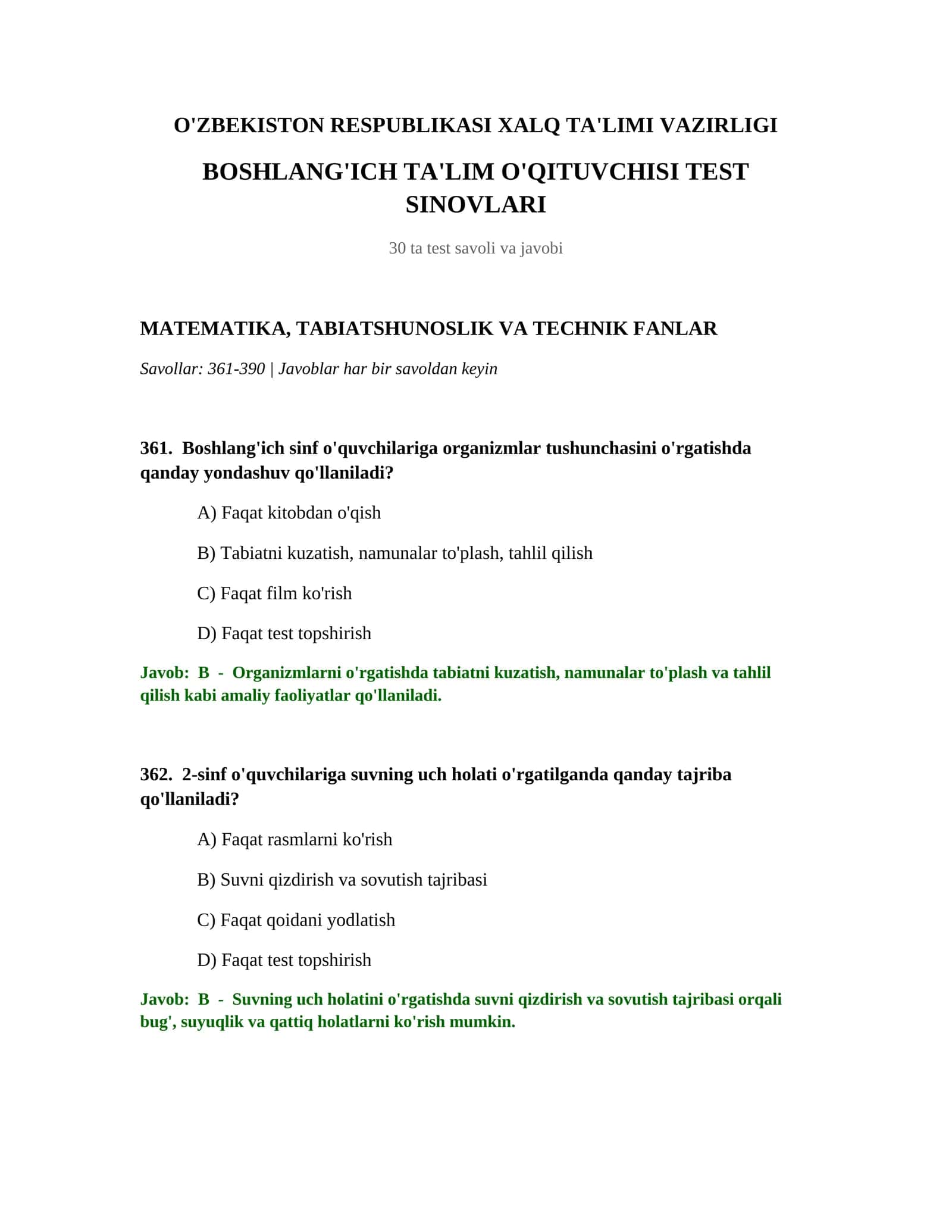 Boshlang'ich Ta'lim O'qituvchisi Test Sinovlari